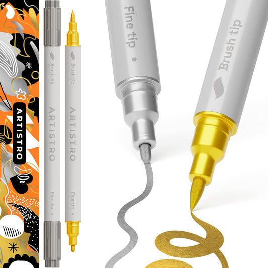 ARTISTRO 2 Gold&Silver Dual-Tip Acrylic Paint Pens - Multisurface Metallic Markers for Glass, Rock, Fabric, Wood, Plastic & More - 1 mm Fine & Brush Tips