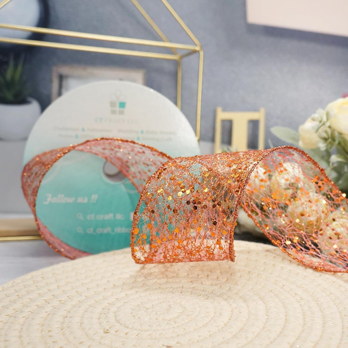 CT CRAFT LLC Sparkling Glitter Mesh Wired Ribbon 2.5" x 20 Yards Bronze Orange for Christmas Home Decor Bow Gift Wrapping DIY Crafts Wreath