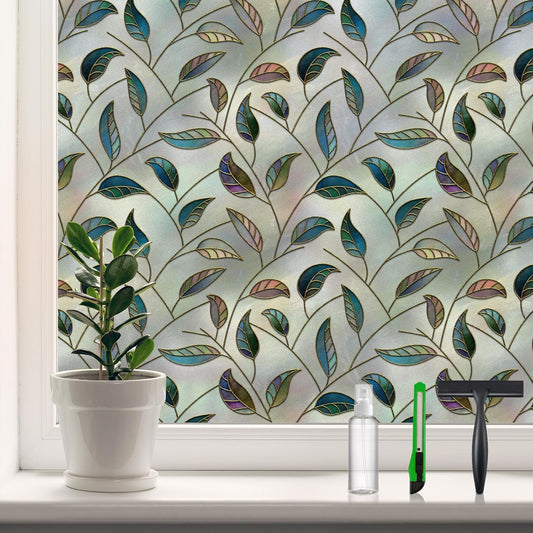 DKTIE Static Cling Decorative Window Film Vinyl Non Adhesive Privacy Film with Installation Kit, Multilayer UV Inkjet Technology, 3D Thickened Stained Film, Vintage Leaf Pattern, 35.4 x 78.7 Inches