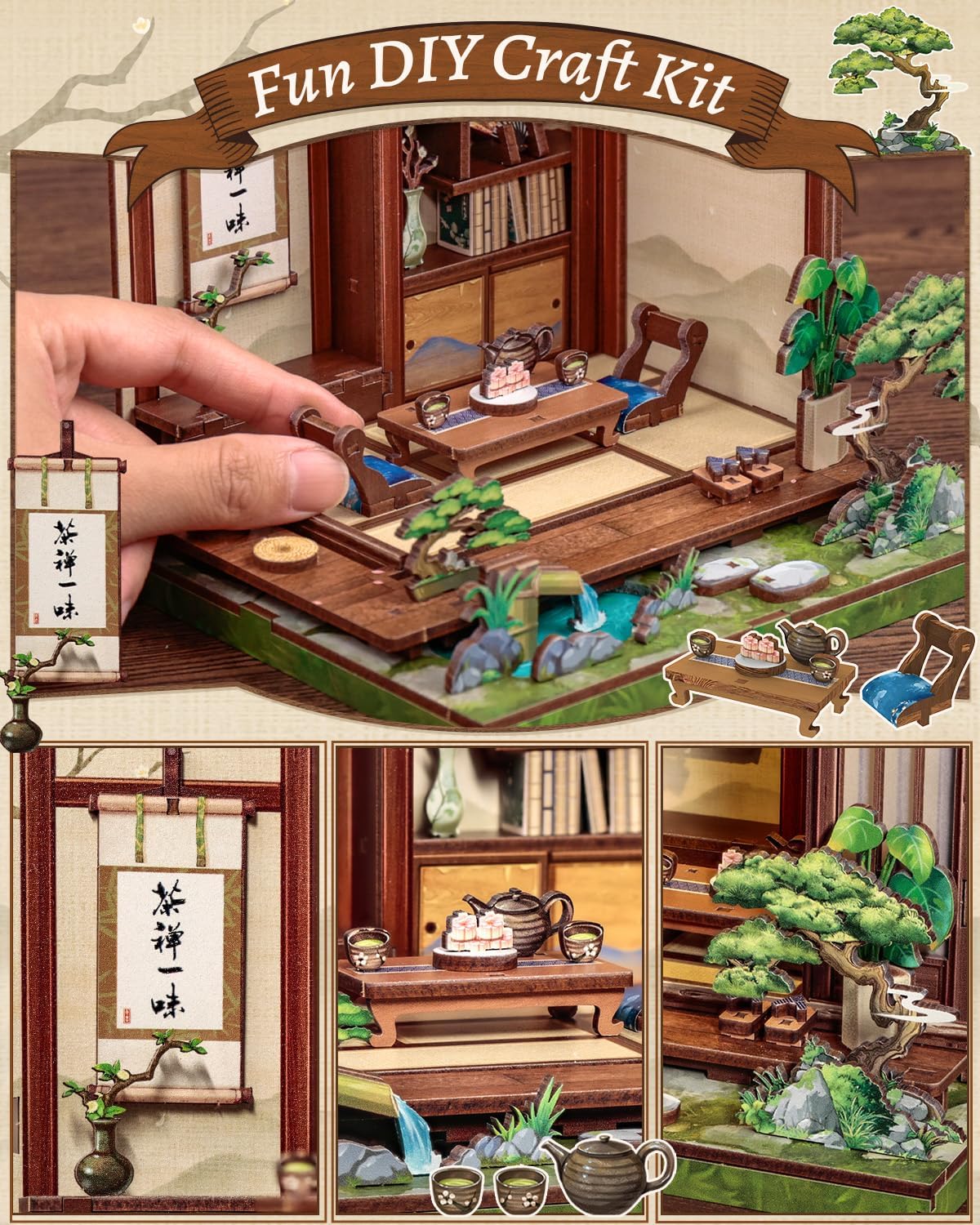 CUTEBEE Book Nook Kit - DIY Miniature House Japanese Tea House, Dollhouse Kit for Adults and Teens, Tiny House Bookshelf Decor 3D Wooden Puzzle, Gifts for Family, Friends（Kirishima Cha-an）