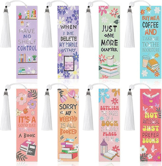 8 Pieces Book Lovers Diamond Art Bookmarks 5d Beaded Bookmark Acrylic Tassel Bookmark for DIY Making Beginners Kids Adults Arts Craft Supplies