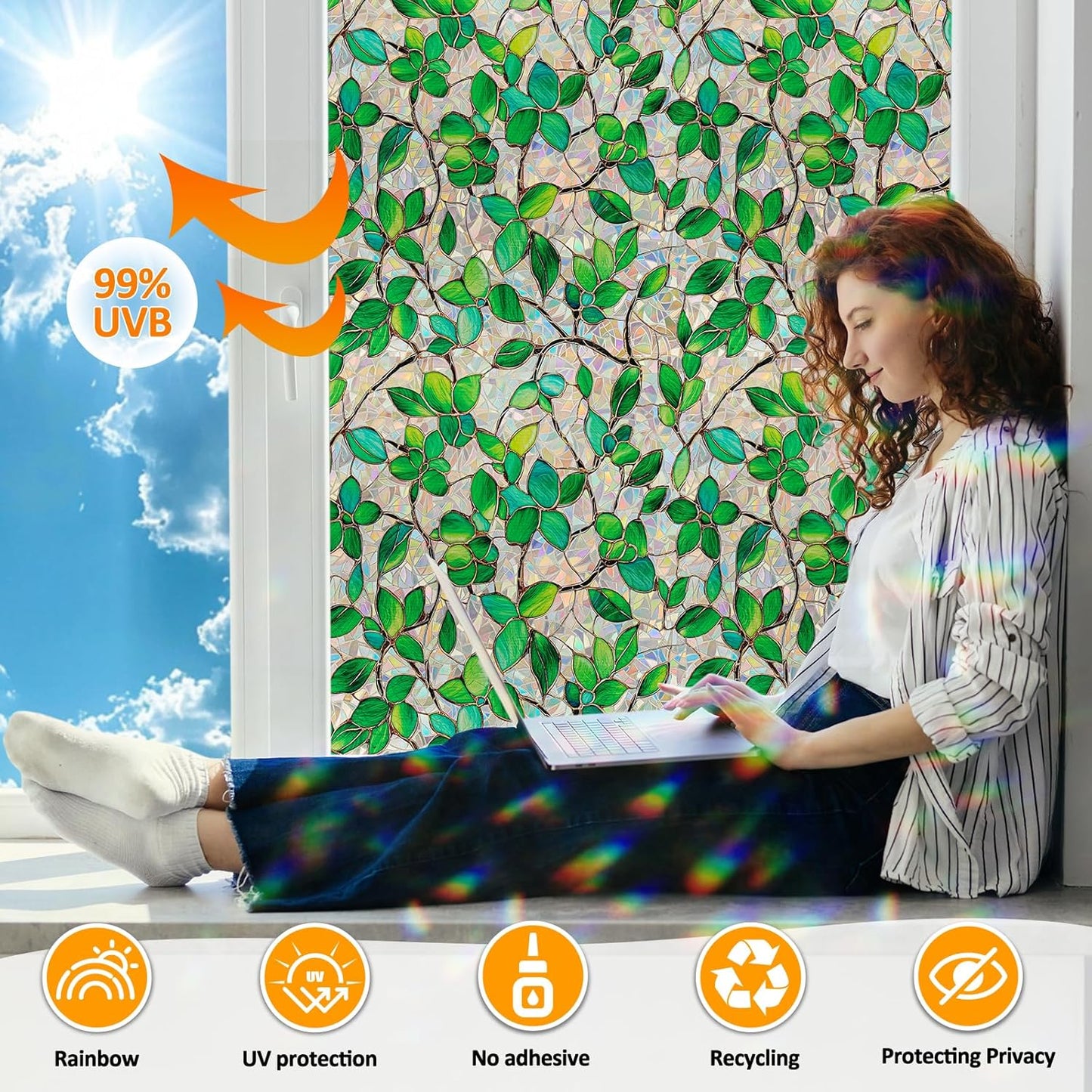 Window Privacy Film Stain Glass Window Film Rainbow Window Film Window clings Non-Adhesive Reusable Decorative for Room (Greenery Leaf, 45.2 x 78.7 in)