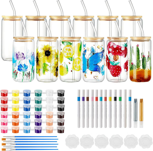 WJXCYGG 6 Sets Paint Your Own Wine Glass Paint Set 6 Wine Glass 2 Glass Paint Outliner 12 Markers 36 Glass Painting Acrylic Paint Strips 12 Brushes 6 Palette for Adults Lady Night (Drinking Cup)