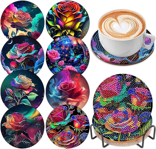 8 Pcs Diamond Art Painting Coasters with Holder, DIY Oil Peony Rose Flower Diamond Art Coasters for Drinks Diamond Art Painting Kits for Beginners, Diamond Craft Supplies for Adults Coaster Gift