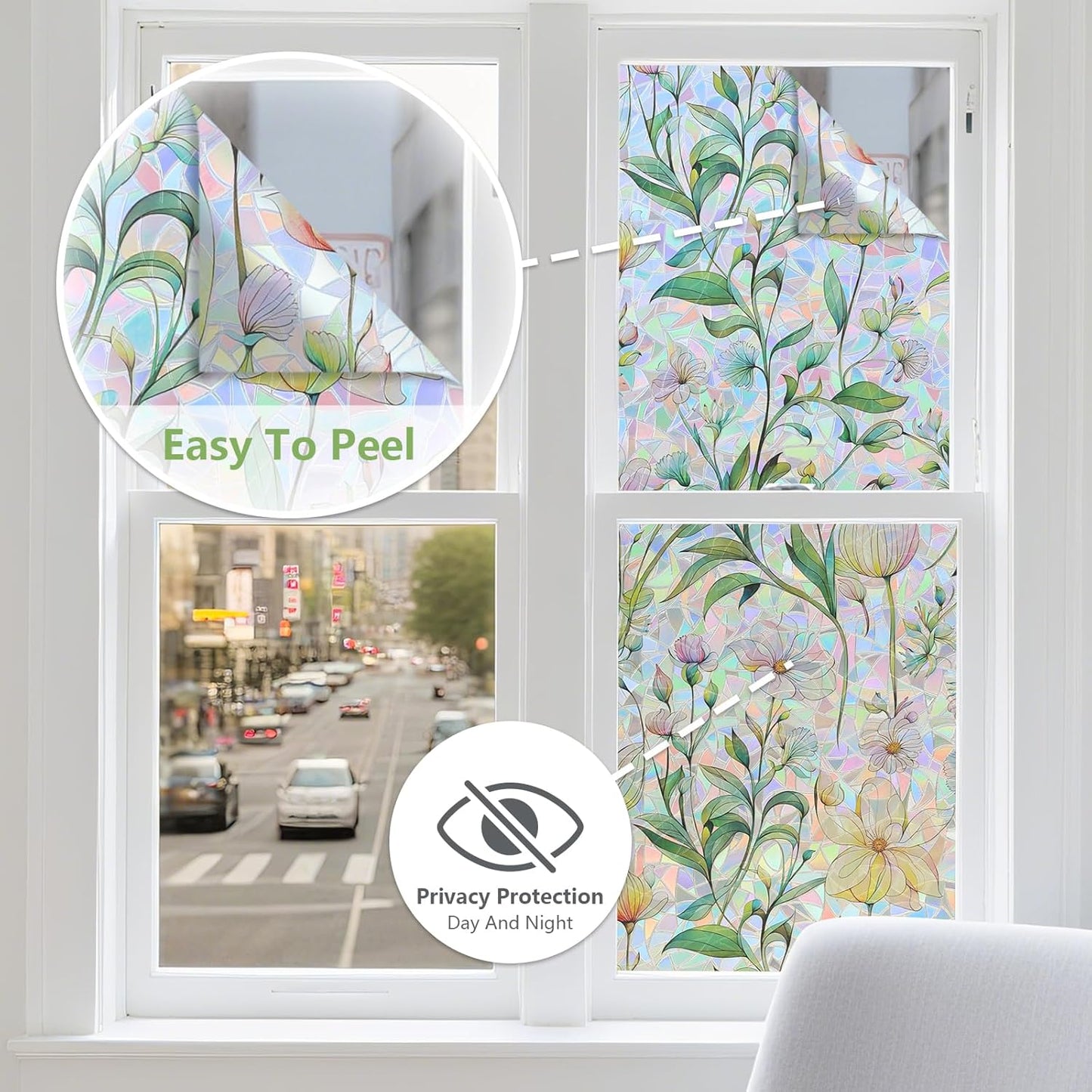 FINNEZ Window Privacy Film Stain Glass Film Flowers Rainbow Window Film Window Clings Non-Adhesive Reusable Decorative for Home（Forest Rainbow，45.2 Inch x 13.1 Feet）