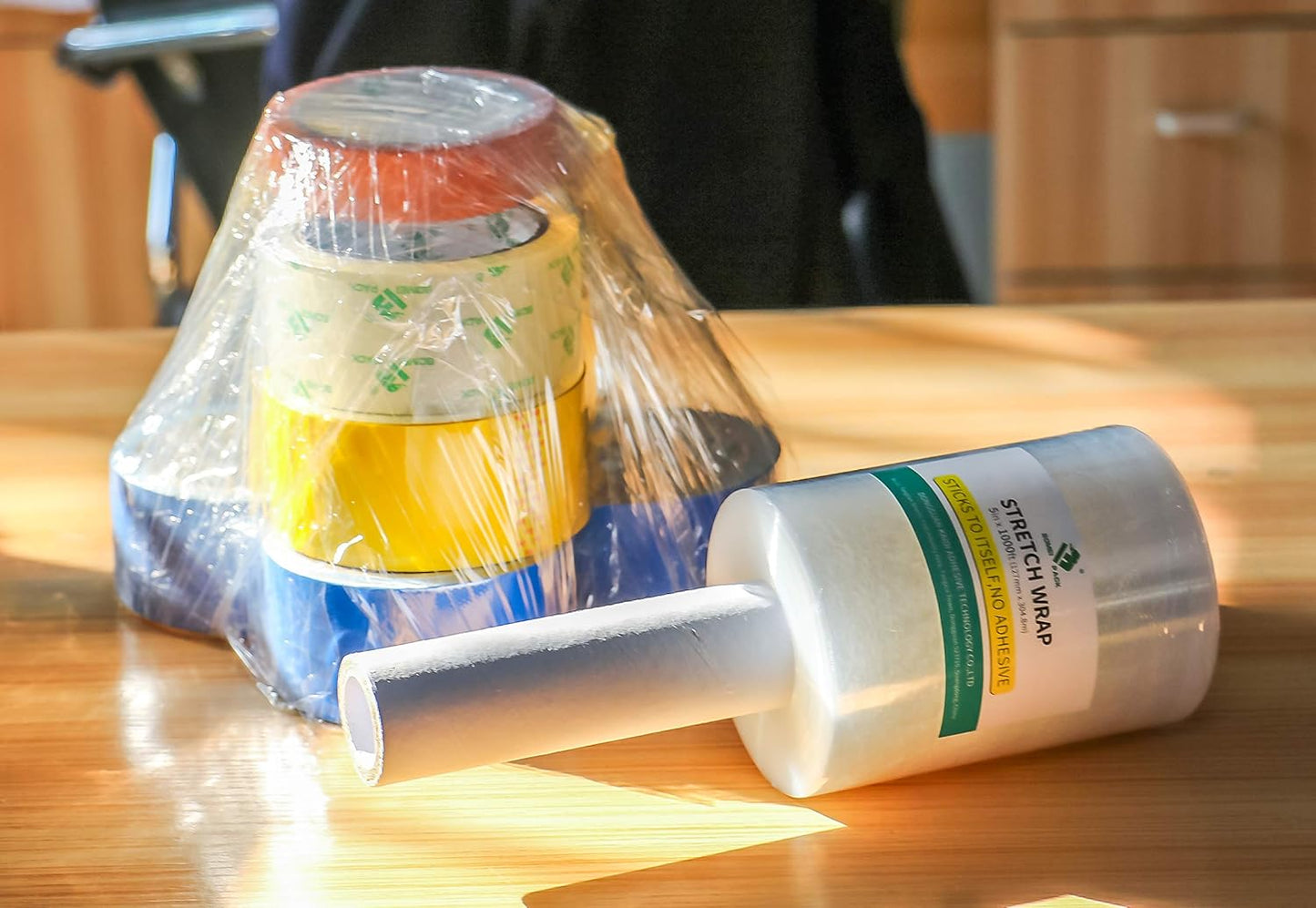 BOMEI PACK Industrial Mini Clear Stretch Wrap with Handle 5" 1000ft 80 Gauge for Pallet Wrap, Durable Self-Adhering Plastic Wrap for Packing, Moving, Heavy Duty (1)