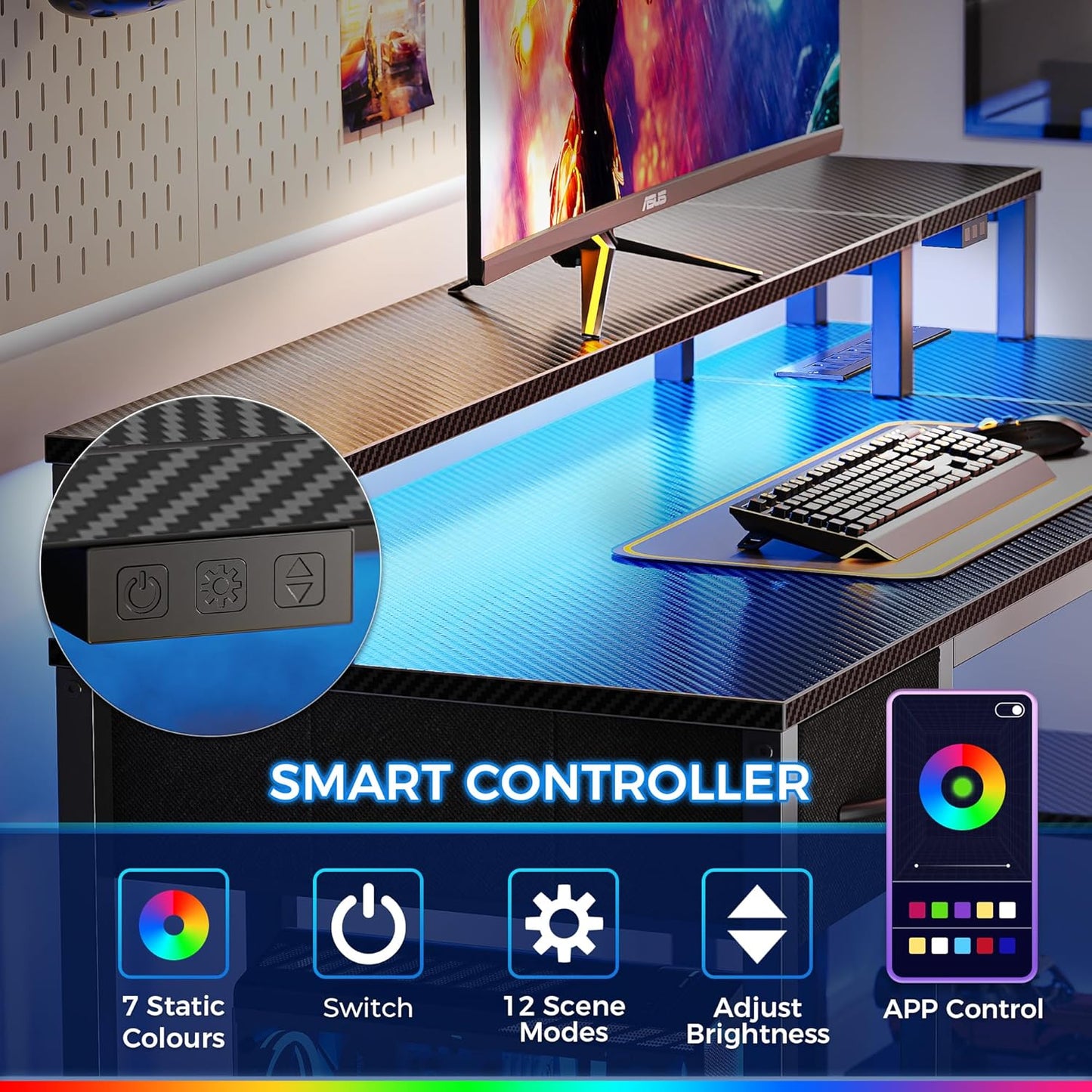 SUPERJARE 53 inch Reversible L Shaped Desk with LED Lights & Power Outlets, Computer Desk with Shelves & Monitor Stand, Gaming Desk with Drawer, Home Office Desk Corner Desk, Carbon Fiber Black