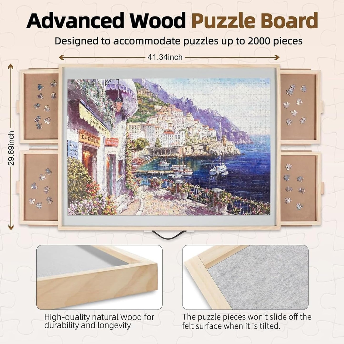 ALL4JIG 2000 Pieces Rotating Puzzle Board with 4 Drawers & Lazy Susan, 40.1" × 28.5" Wooden Jigsaw Puzzle Table with Cover, Portable Puzzle Board