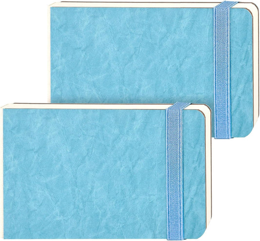 Funto Watercolor Paper Journal 2-Pack, 3.5x5.5, 44 Pages Each, 100% Cotton Cold Press, PU Leather Blue Hard Cover, Art Supplies for Mixed Media