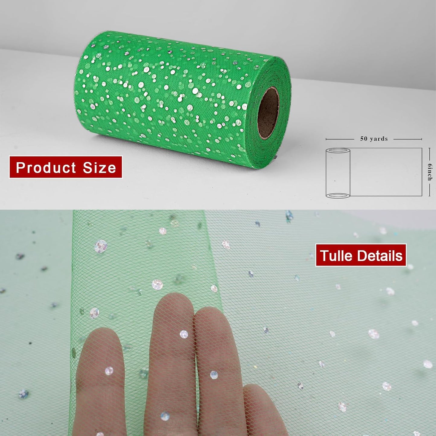 Glitter Tulle Rolls, 6' by 50 Yards (150FT) Sequin Tulle Netting Fabric for Tutu Skirts Sewing Birthday Wedding Party Decoration (Green)