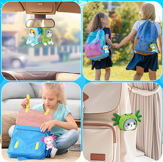 Fortuning's JDS Crochet Kit for Beginners - 3 PCS Axolotl Cat Crochet Kits with Step-by-Step Video Tutorials, Beginner Crochet Kit for Adults, Crochet Cat Dressed as Axolotl Set