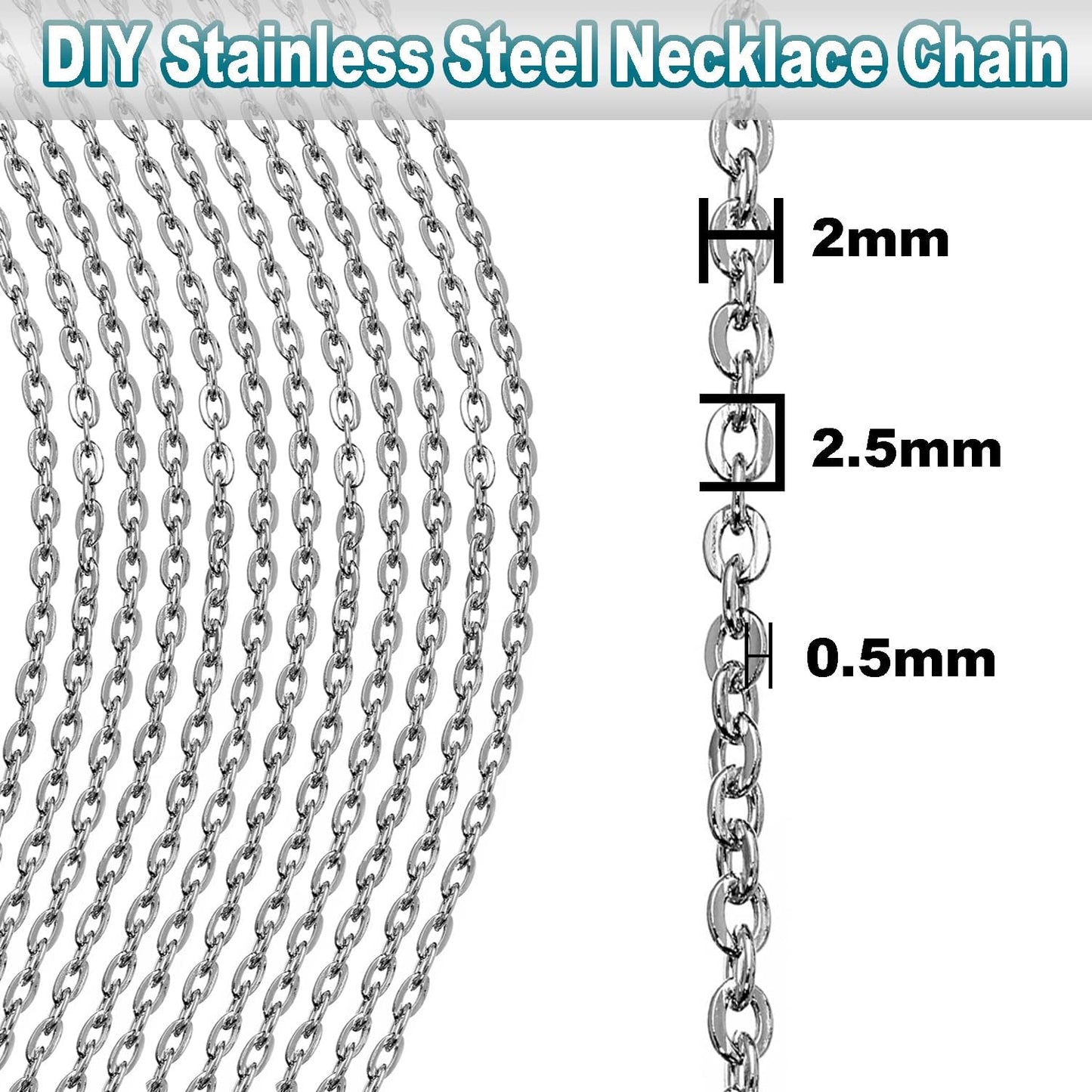 Jishi 33ft Silver Stainless Steel Chain 2mm Jewelry Necklace Link Cable Chain for Jewelry Making Bracelets Earring Craft Supplies DIY Findings - Metal Rolo Link Chain Roll w/Lobster Clasps, Jump Rings