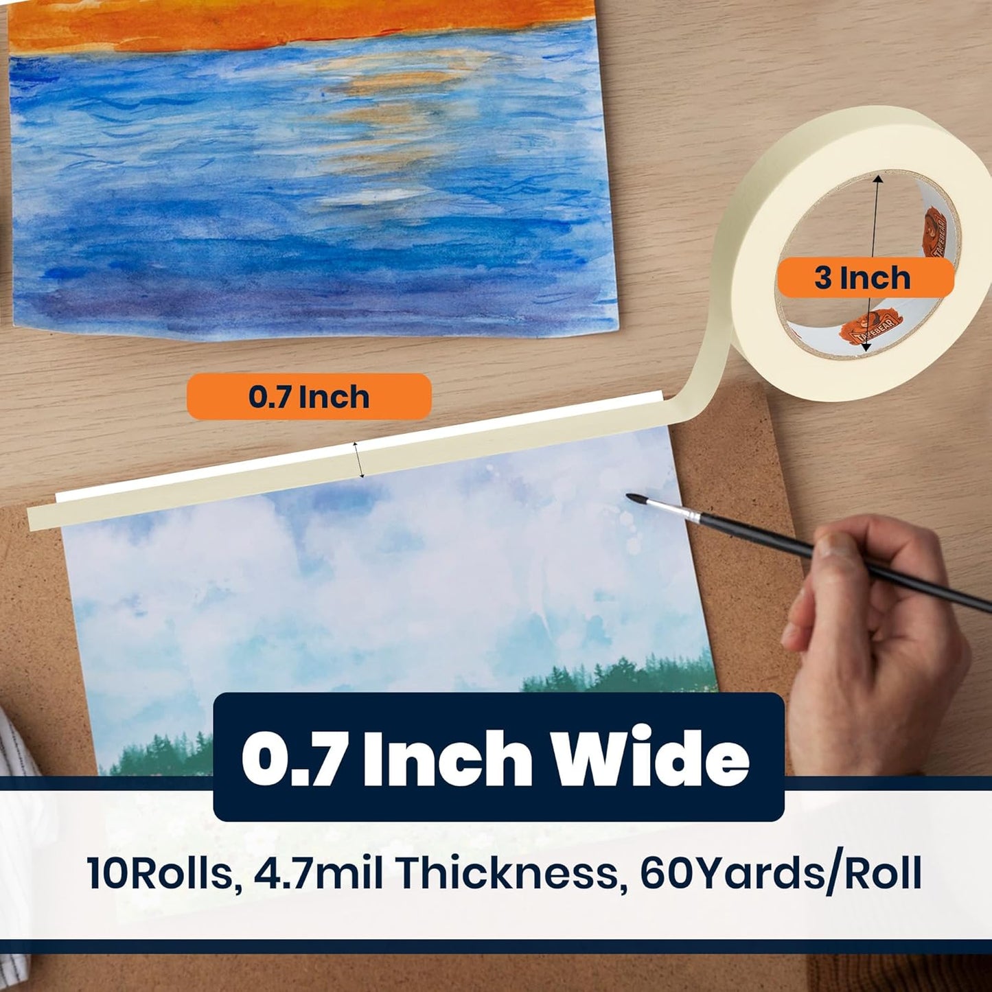 TAPEBEAR General Purpose Masking Tape 0.7 Inches x 60 Yards, Beige White Painters Tape for Painting, Labeling, DIY Arts Crafts, Home Office School Projects, 10 Rolls