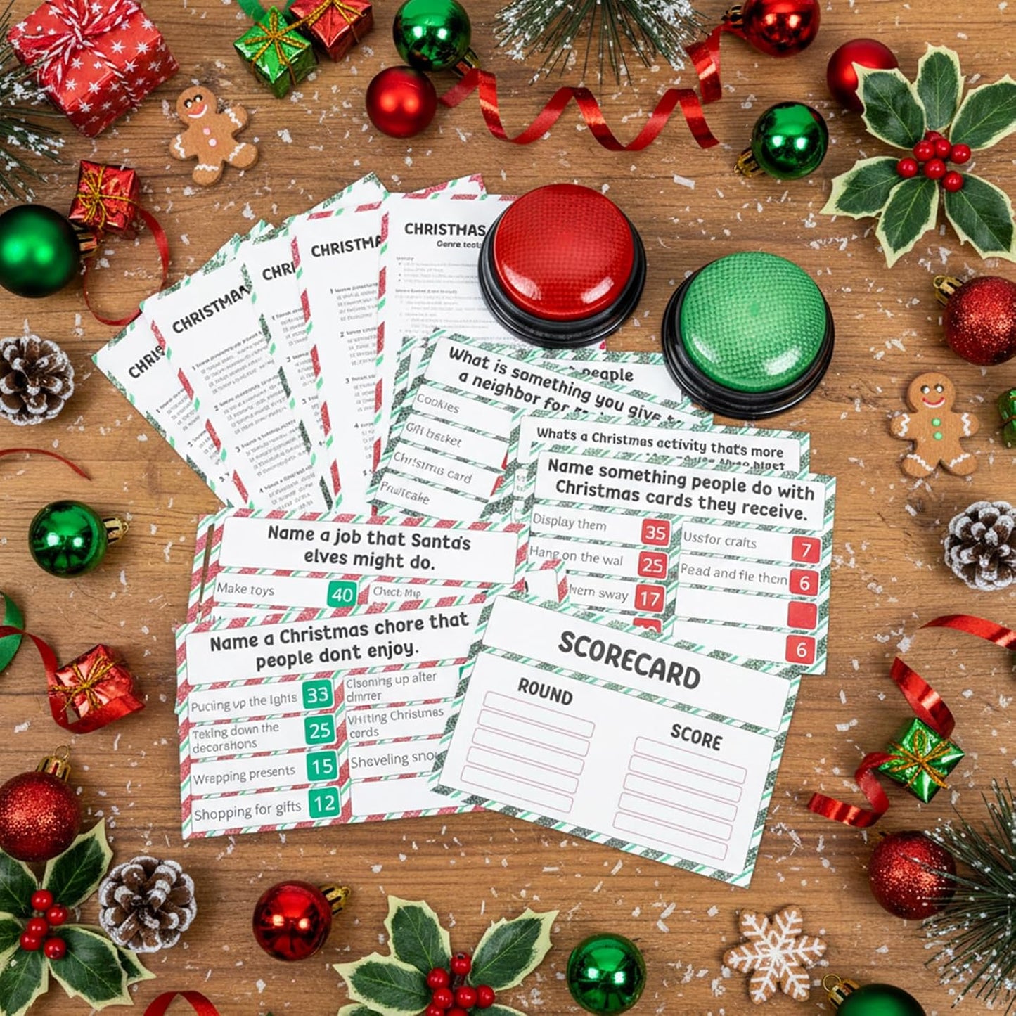 Christmas Friendly Feud Game with 2 Answer Buzzers, Holiday Feud Cards for Family Game Night Fun Trivia Quiz for Xmas Party Office Class Groups Team Building
