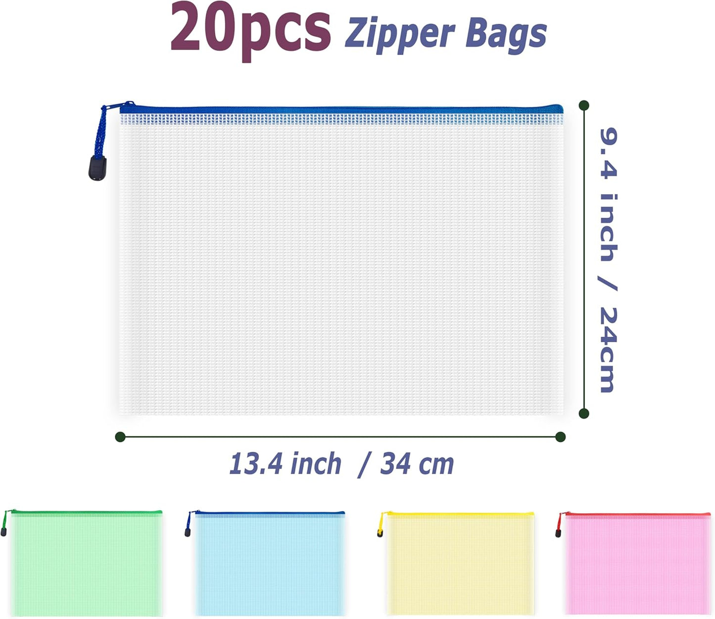 AUSTARK 20 Pcs Zipper File Bags, Plastic Mesh Pouch, Board Game Storage Bag, Waterproof Bags for Office School (A4 Size 13.4''x9.4'', Multicolored)
