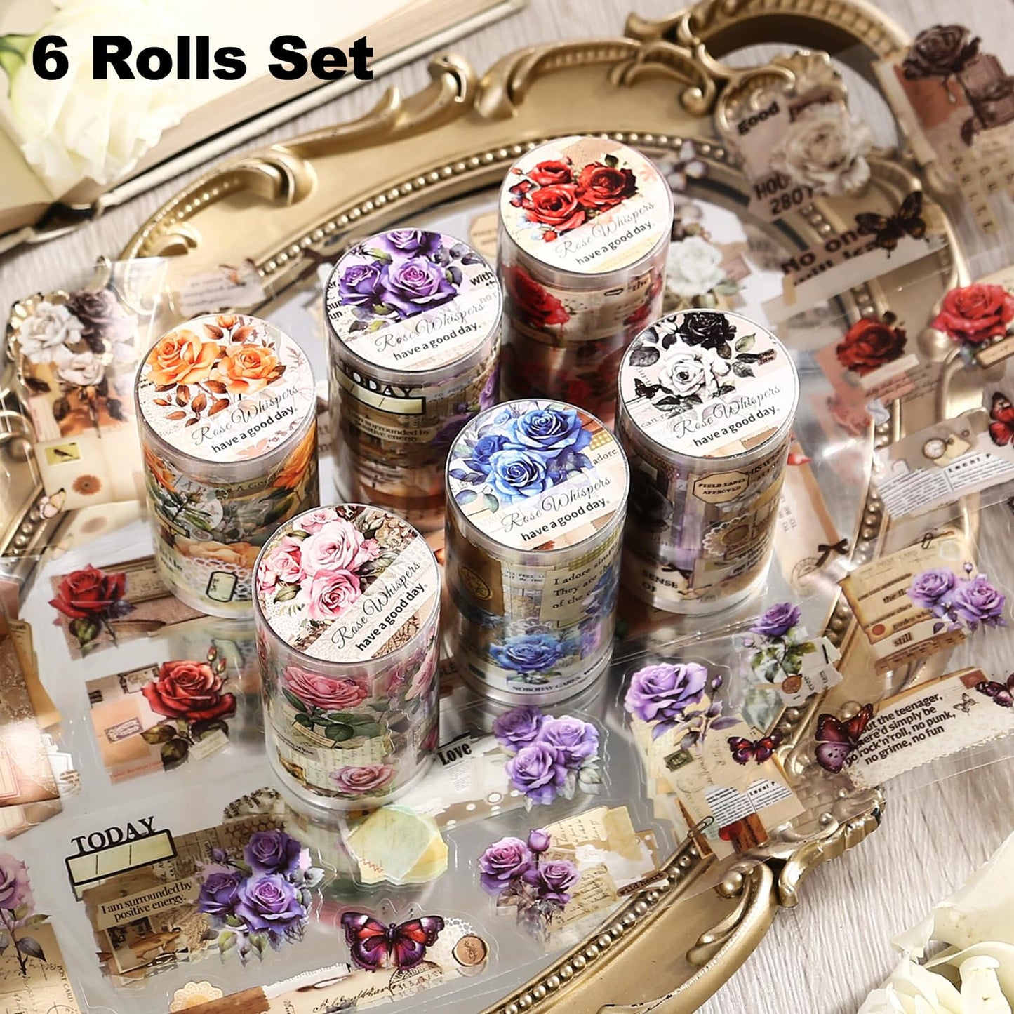 6Pcs Floral PET Tapes, Vintage Pre-Cut Tapes for Journaling, Scrapbooking, and Junk Journal Supplies, with Decorative Clip