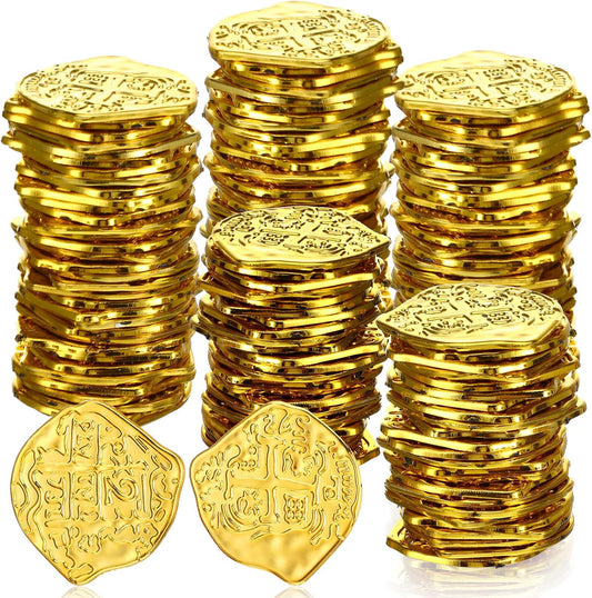 Hanaive 100 Pcs Pirate Coins Plastic Kids Fake Play Coins Replica Spanish Doubloons for Pirate Party Treasure Chest Board Games Tokens Toys Cosplay St. Patrick's(Gold)
