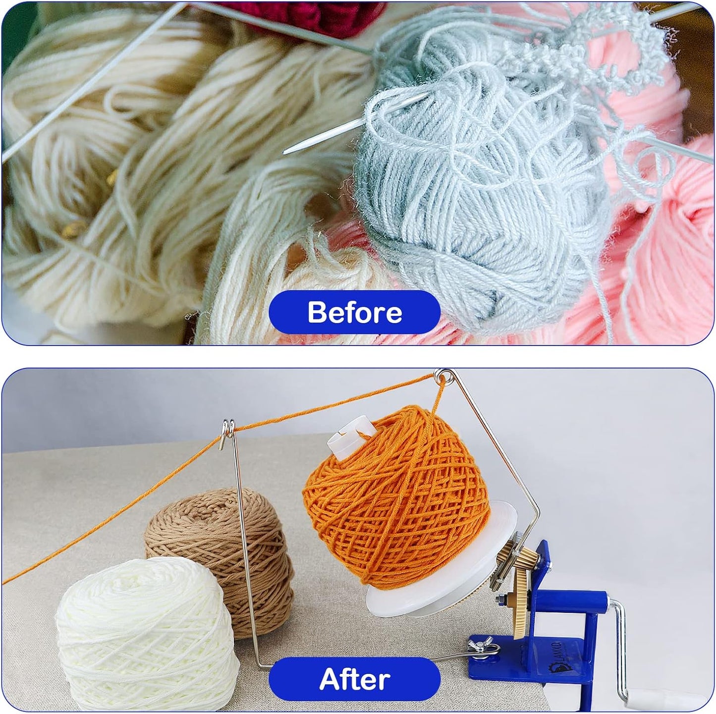LAMXD Needlecraft Large Jumbo Metal Yarn/Wool/String/Fiber Ball Winder Hand Operated,10-Ounce,with Thread Cutter Scissors, Blue and White