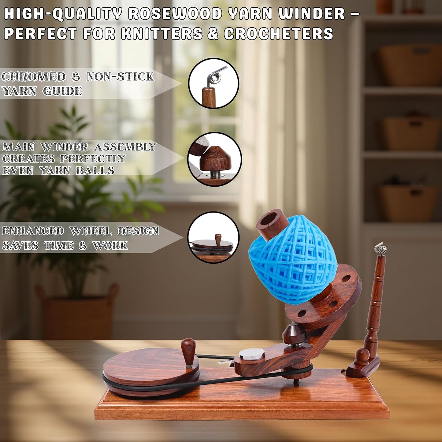 Bhartiya Handicrafts Rosewood Yarn Winder | Large Capacity 10 oz Wooden Yarn Winder for Knitting, Crocheting and Weaving | Table Top Wood Yarn Swift and Ball Winder