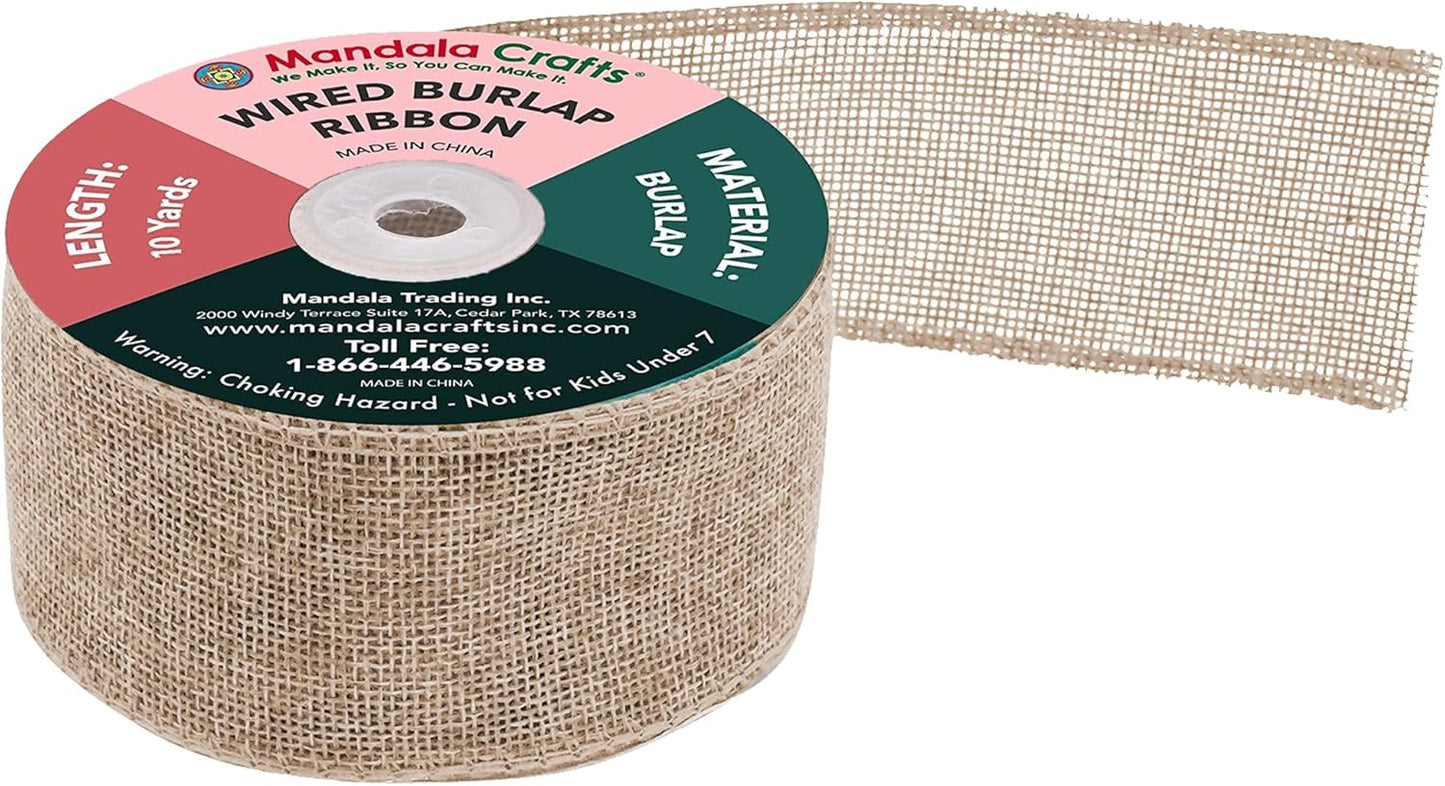 Mandala Crafts Natural Burlap Wired Ribbon 1.5 Inches Wide Jute Ribbons for Crafts - 10 Yds Roll Rustic Burlap Wrap Trim Ribbons for Wreaths Bows Party Decoration