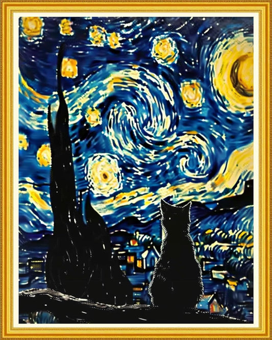 Magxvouy Cross Stitch Kits Stamped Full Range of Embroidery Kits,Cross Stitch Patterns Needlework Kits for Beginners 11CT Printed Kits&Van Gogh Starry Cat 16x20 inch