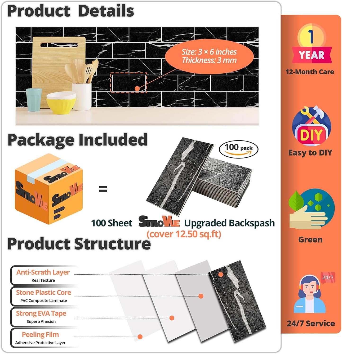 100 Pieces Peel and Stick Backsplash for Kitchen, 3" x 6" PVC Subway Tile Upgraded Nero Marquina with White Grout Backsplash Stick on Tile Elevate Kitchen, Bathroom, Fireplace,RV