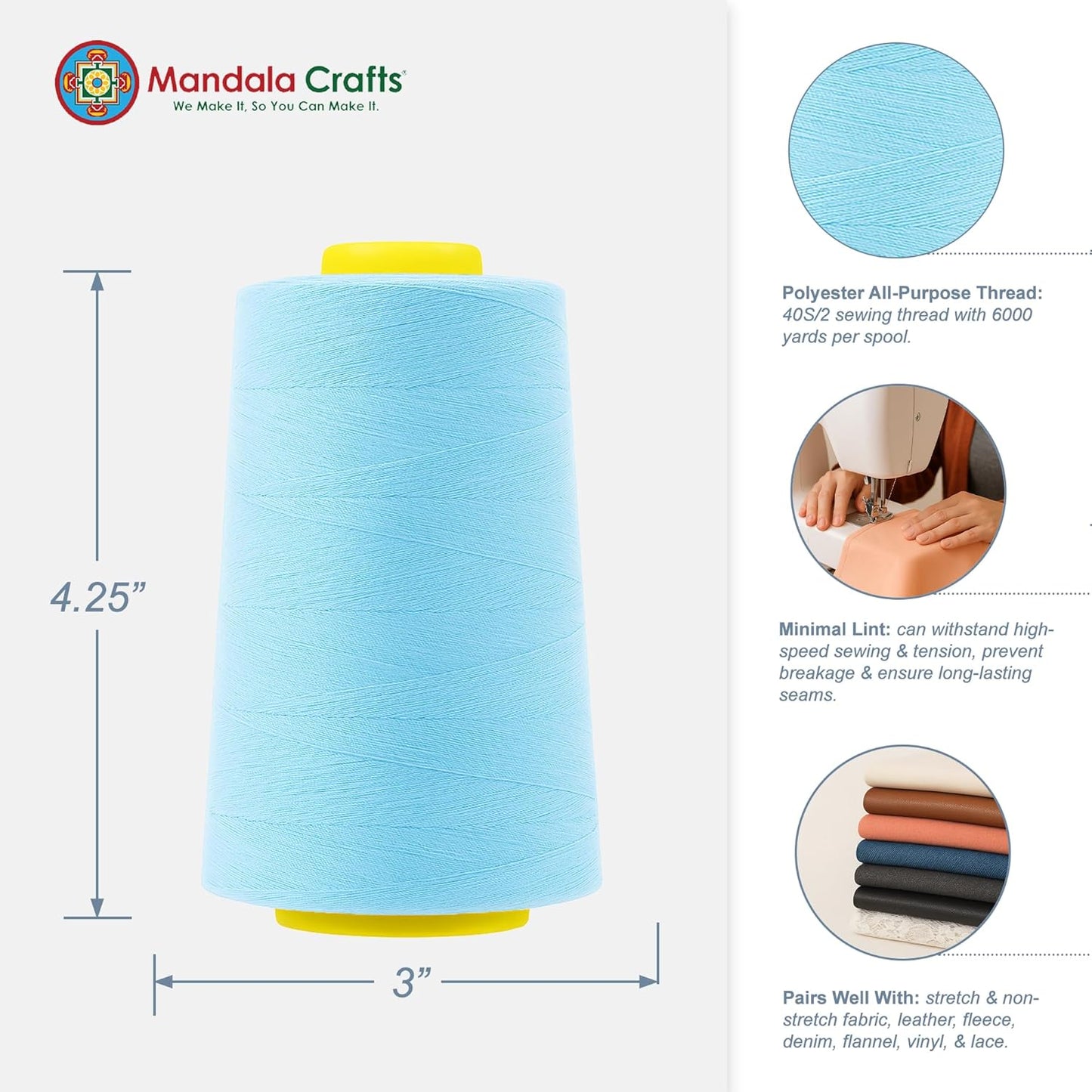 Mandala Crafts 4 Pack of Serger Threads Cones Spools - 40S/2 24000 Yards Polyester Baby Blue Threads for Sergers Machine and Overlock Quilting Sewing Machine