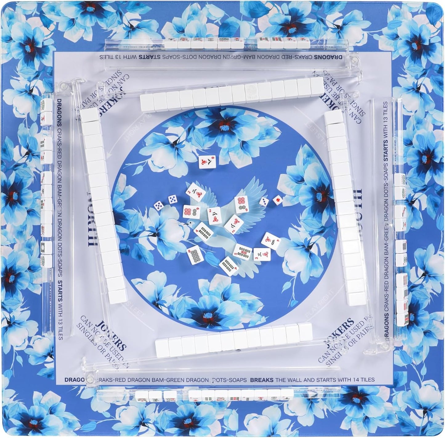 Mahjong Mat for Table 31.5x31.5Inch,Anti-Slip, Noise-Reducing American Mahjong Mat with Rules, Mahjong Table Mat with Carry Bag,Neoprene Mahjong Mat for Poker, Cards, Board.(Blue)