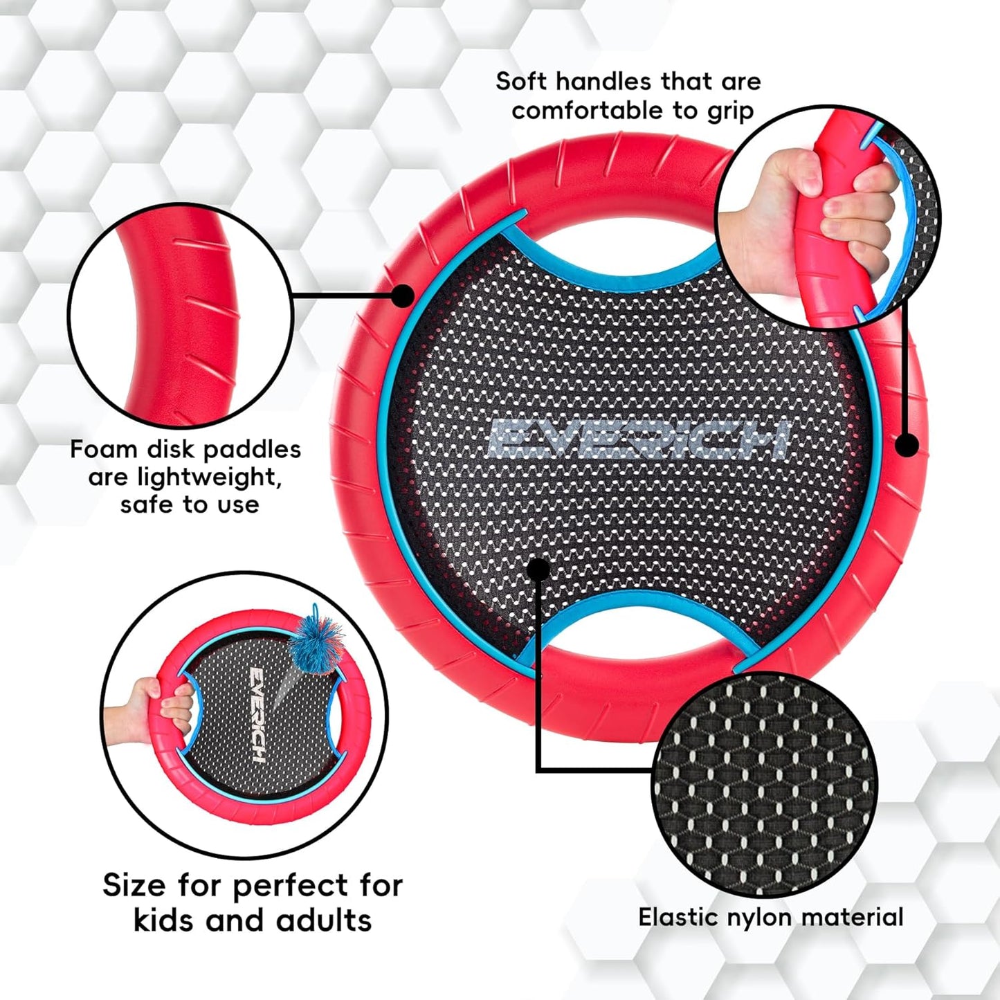 EVERICH TOY Trampoline Paddle Ball Set with 2 Bouncy Paddles & 4 Balls - Soft Foam Design for Kids Play Indoor Outdoor Beach Backyard Lawn - Great Gift Idea for Boys & Girls (Green & Red)