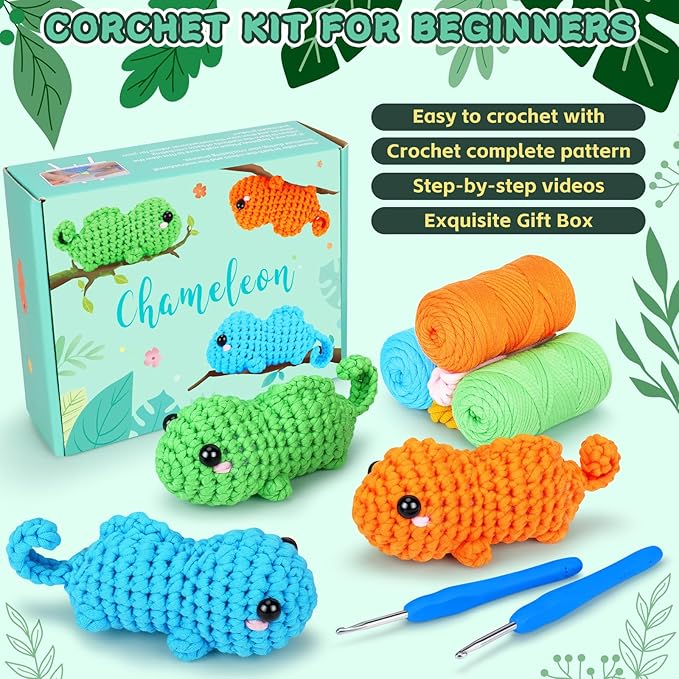 Fortuning's JDS Crochet Kit for Beginners - 3 PCS Baby Chameleon Crochet Kits with Step-by-Step Video Tutorials, Beginner Crochet Kit for Adults Kids, Chameleon Crocheting Set (Orange&Blue&Green)