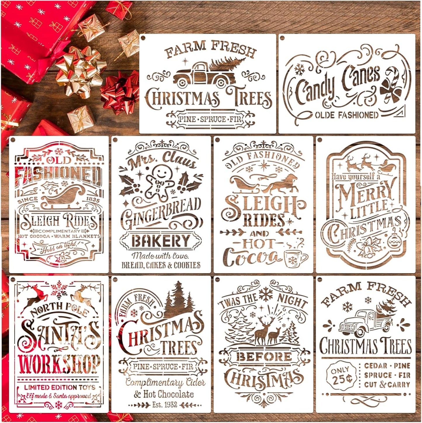 10 Pieces Christmas Stencils Reusable, 8 X 11 Inch Holiday Farm Fresh Christmas Tree Stencils for Painting on Wood Sign Windown DIY Crafts Fabric Canvas Winter Decor (10pcs A4 chrismtas-Old)
