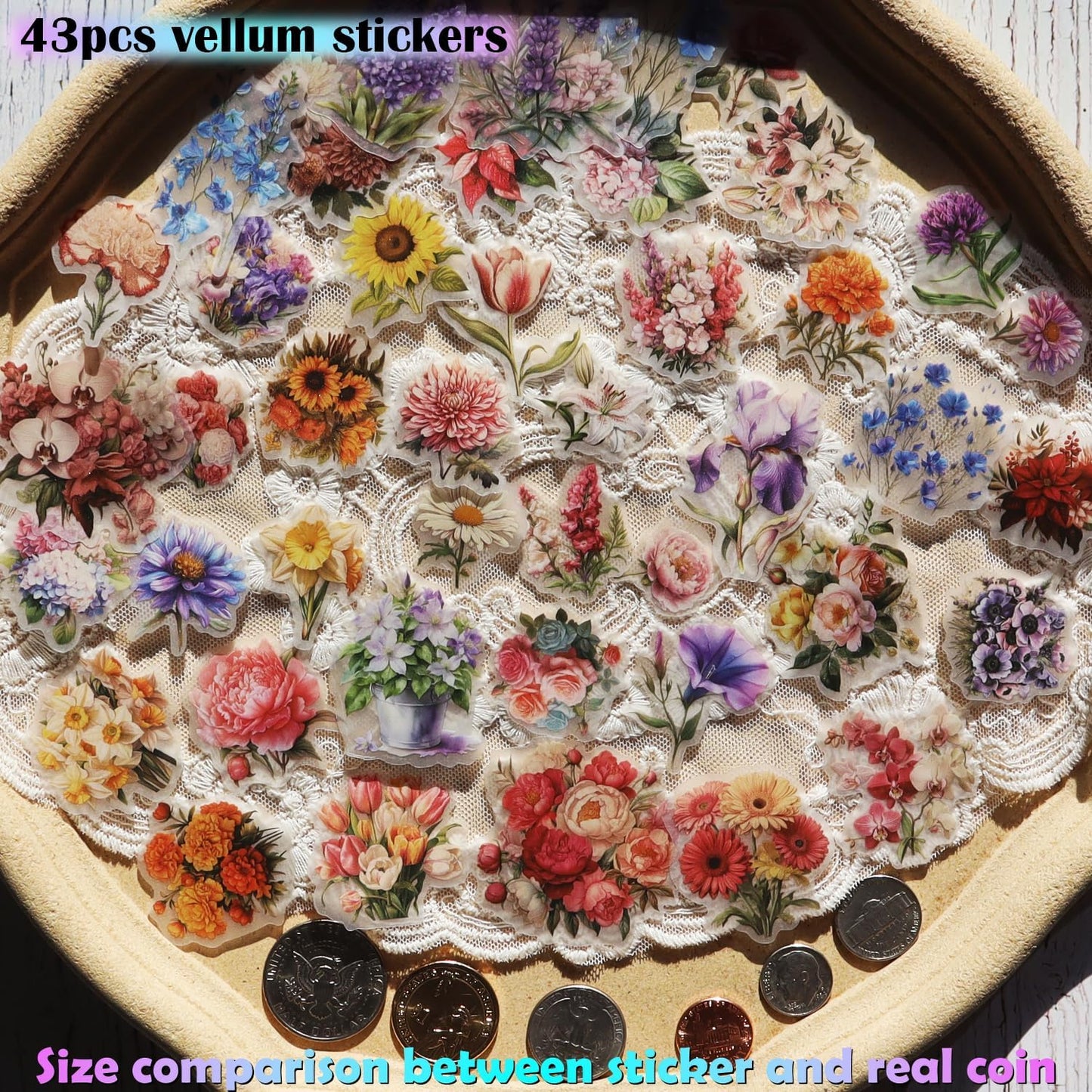 Vintage Vellum Stickers Floral Plants Elements Scrapbooking Supplies Flowers Botanic Natural Translucent Paper Self-Adhesive Junk-Journal Items (Blooming Flowers)