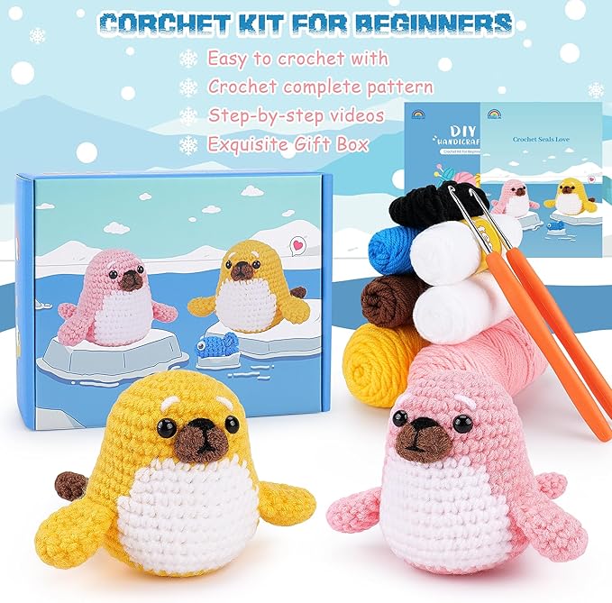 Fortuning's JDS Crochet Kit for Beginners - Seal Crochet Kits with Step-by-Step Video Tutorials, Beginner Crochet Kit for Adults Kids, Crochet Animal Kit, 2 PCS Seals with a Fish Crocheting Set