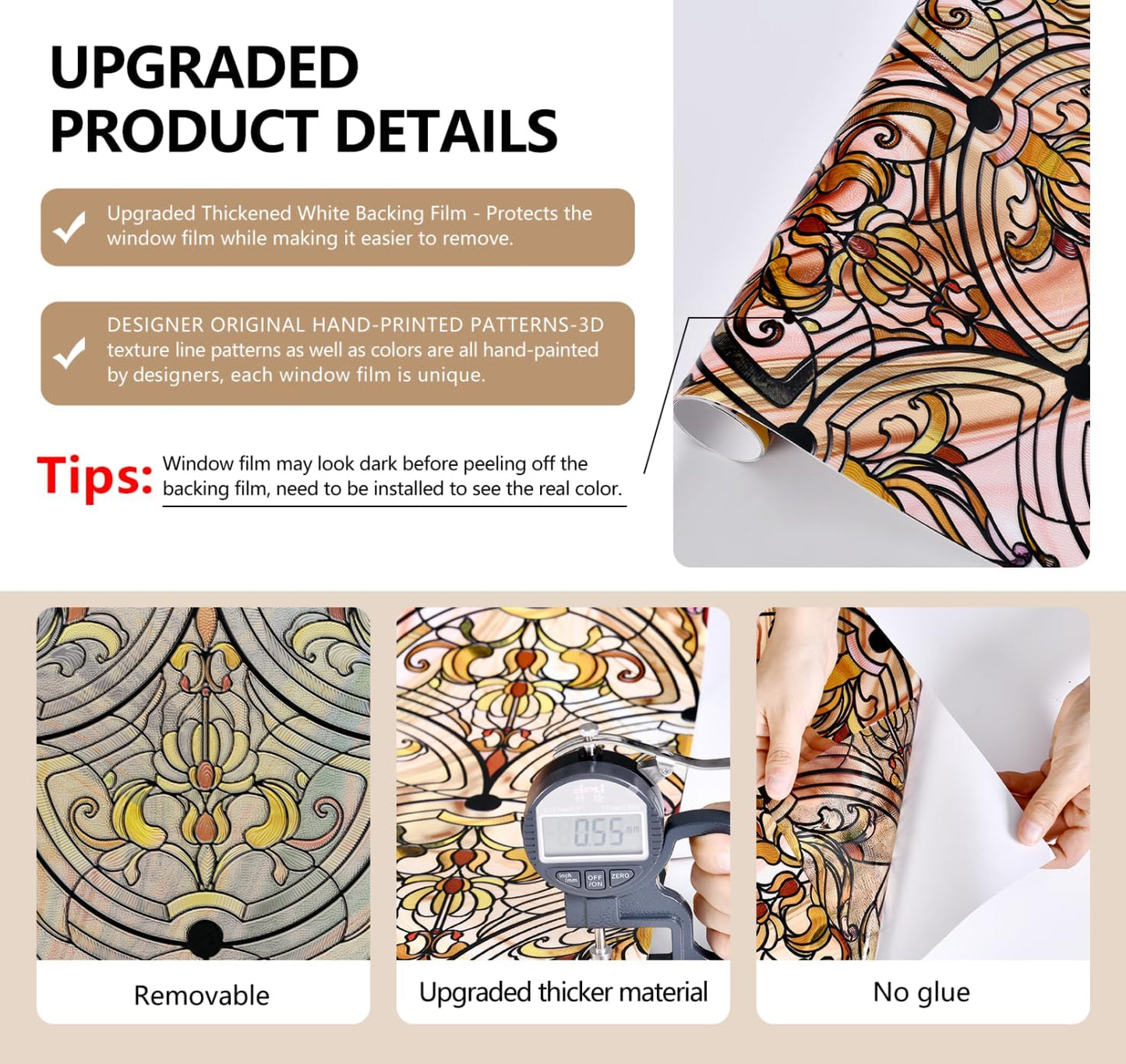 3D Stained Glass Window Film, Decorative Window Privacy Film for Bathroom,Front Door,Home, Sun Blocking Heat Control,Static Cling, Golden Ironwork 17.5inch x 47.24inch