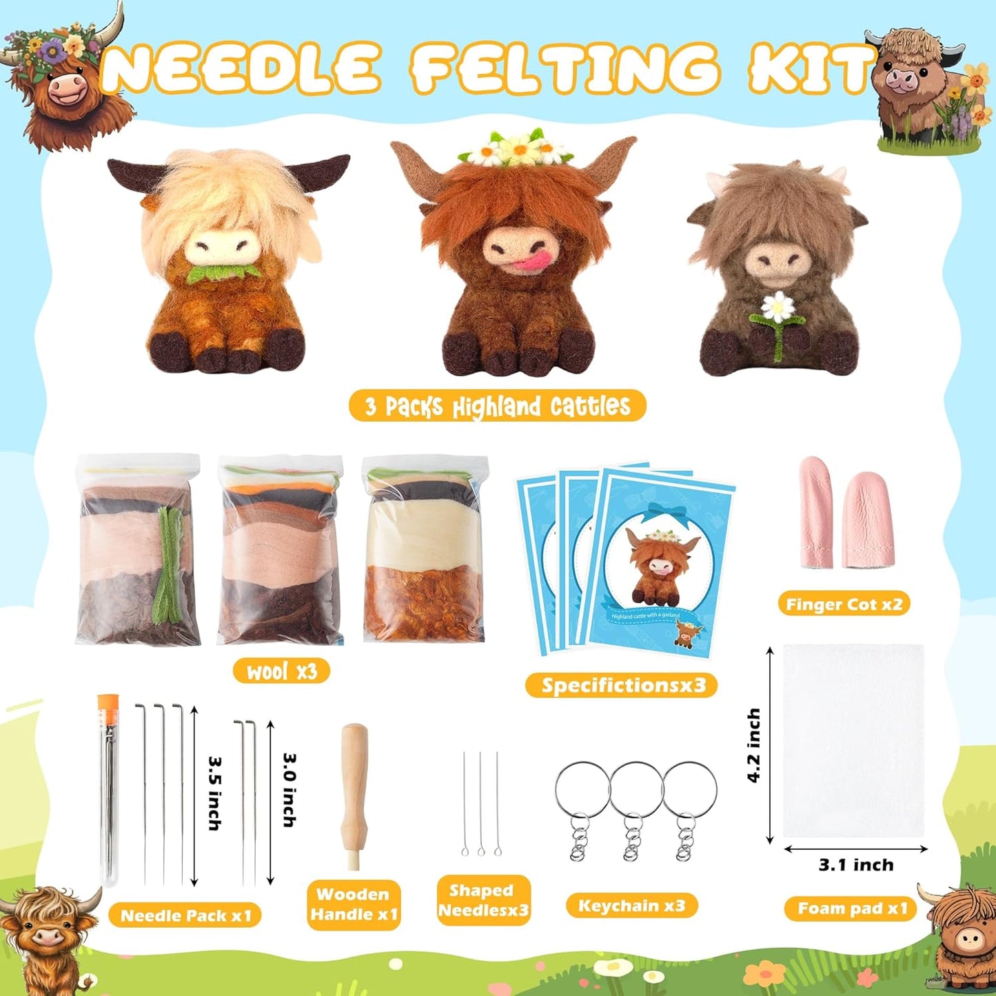 WATINC Needle Felting Kit - 3 Set Unique Different Cute Doll Wool Felt Needle Tools Foam Pad Instruction, DIY Home Decoration Craft Party Supplies for Art Work Starter Beginners (Highland Cow)