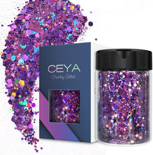 Ceya Holographic Chunky Glitter, 4.9oz/ 140g Purple Craft Glitter Powder Mixed Chunky & Fine Flakes Iridescent Nail Sequins for Nail Art, Hair, Epoxy Resin, Tumblers, Slime, Painting, Festival Decor