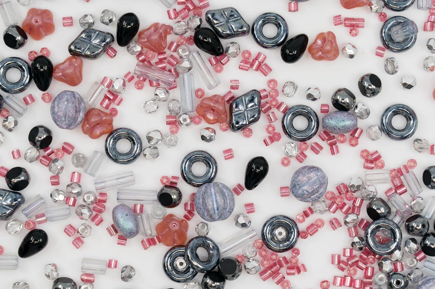 2.1oz (60 g) Mix of Unique Czech Bohemia Glass Pressed Beads, Matte and Glossy, Hand Made, Pink Gray Black Hematite