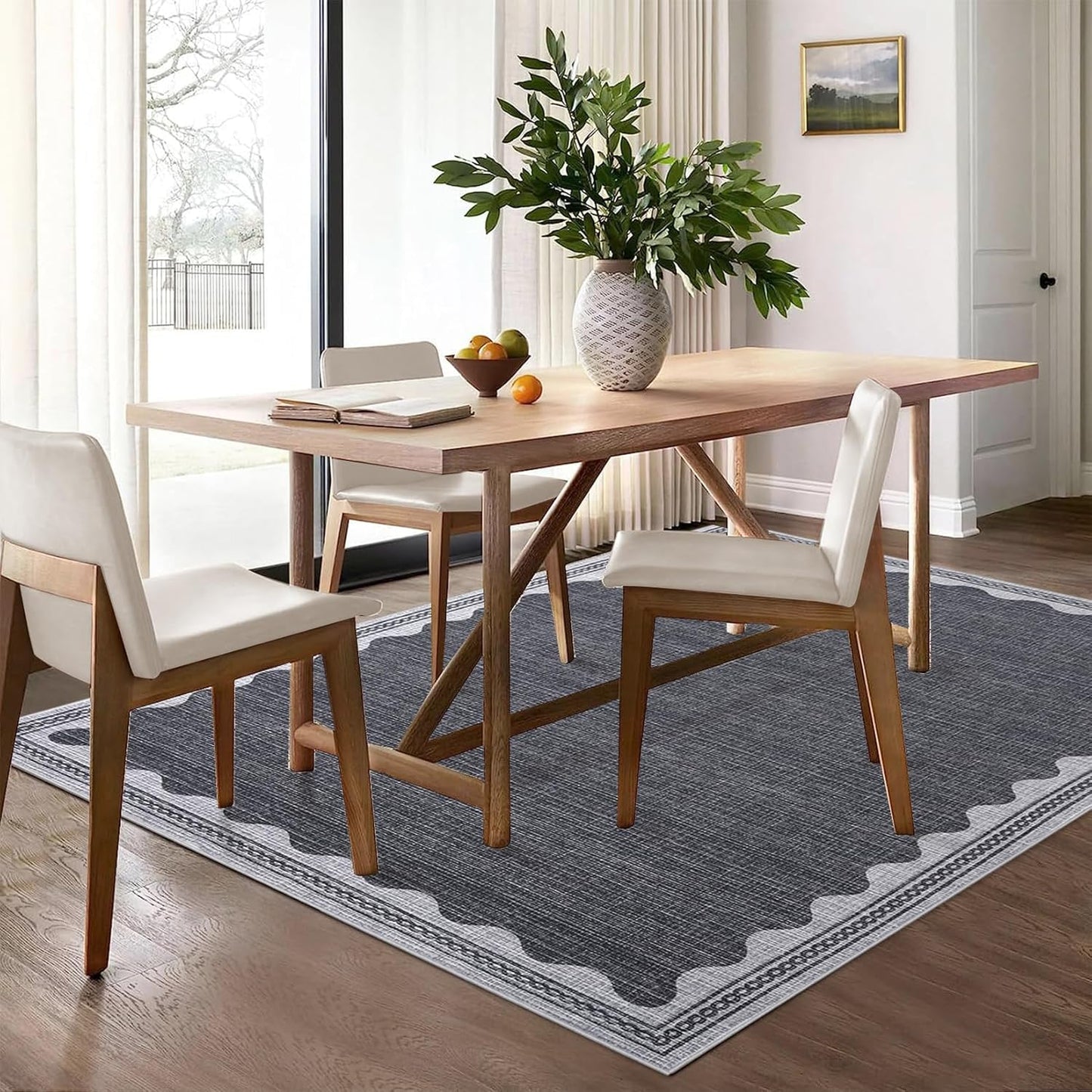 Scalloped Washable Rug 5x7 Area Rugs for Living Room, Solid Grey Rug for Bedroom Girls, Non Slip Scalloped Throw Mat with Rubber Back, Soft Dorm Nursery Low Pile Carpet for Dining Room