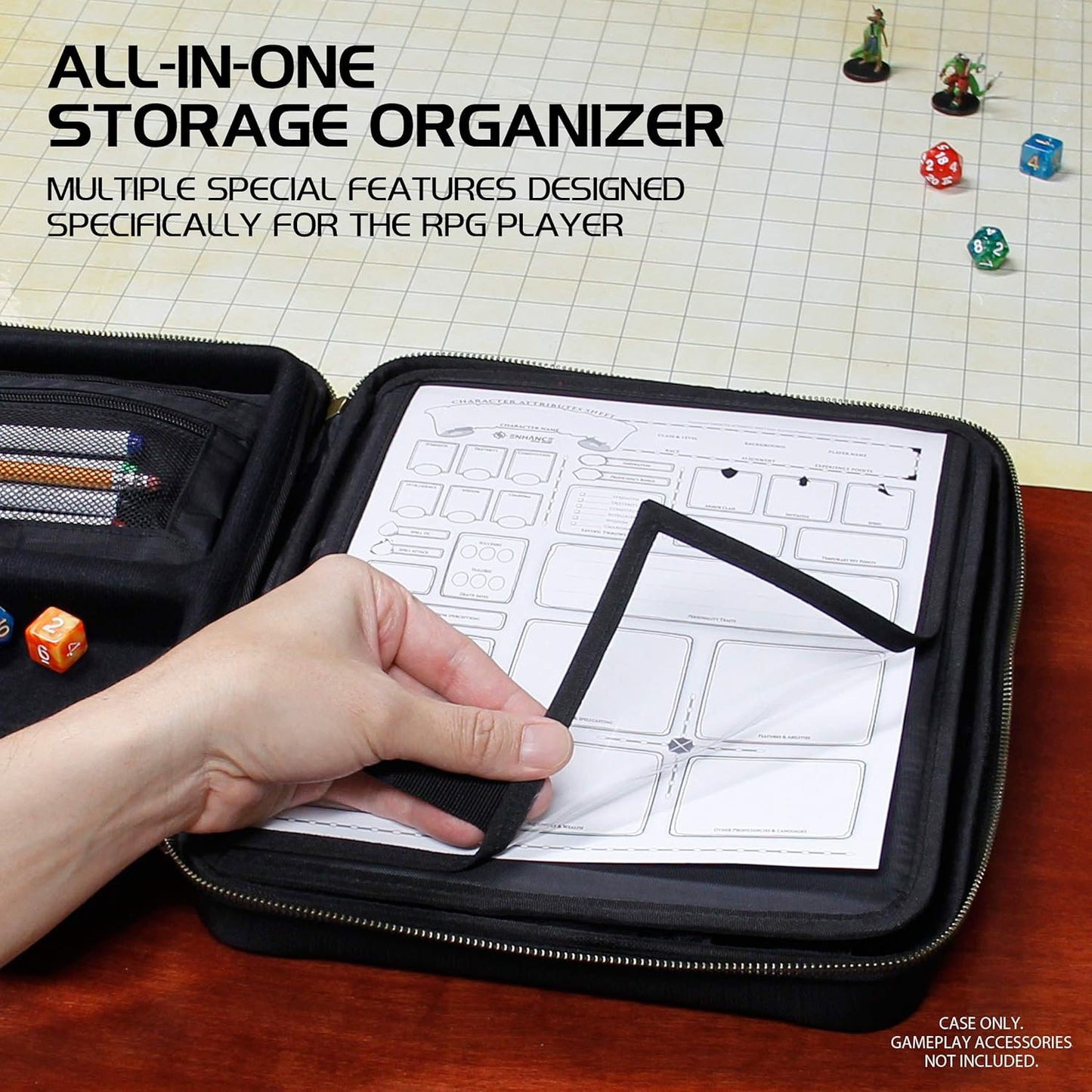 ENHANCE RPG Organizer Case - DnD Binder with Built-in Character Sheet Holder and Erasable Scribe Panel, Dice Rolling Area, Removable Pen Pouch, Miniature Foam Tray, Wrist Strap