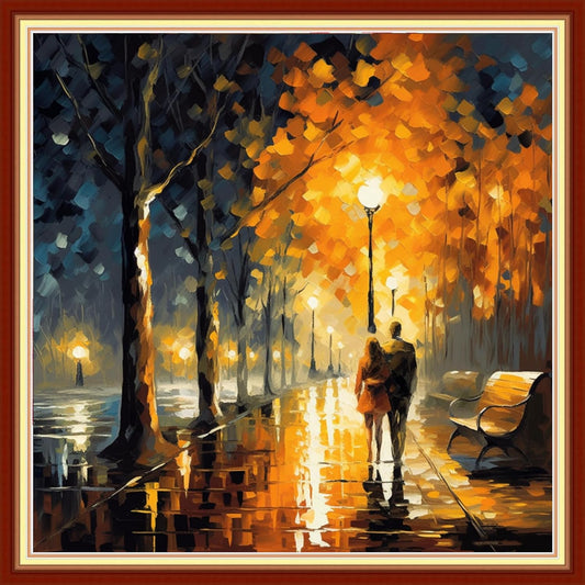 Foxdiviy Stamped Cross Stitch Kits Full Range of Embroidery Needlework Starter Kits for Beginners Adults 11CT Embroidery Patterns Art Crafts DIY Needlepoint Kits-Strolling on a Rainy Night 18x18 inch