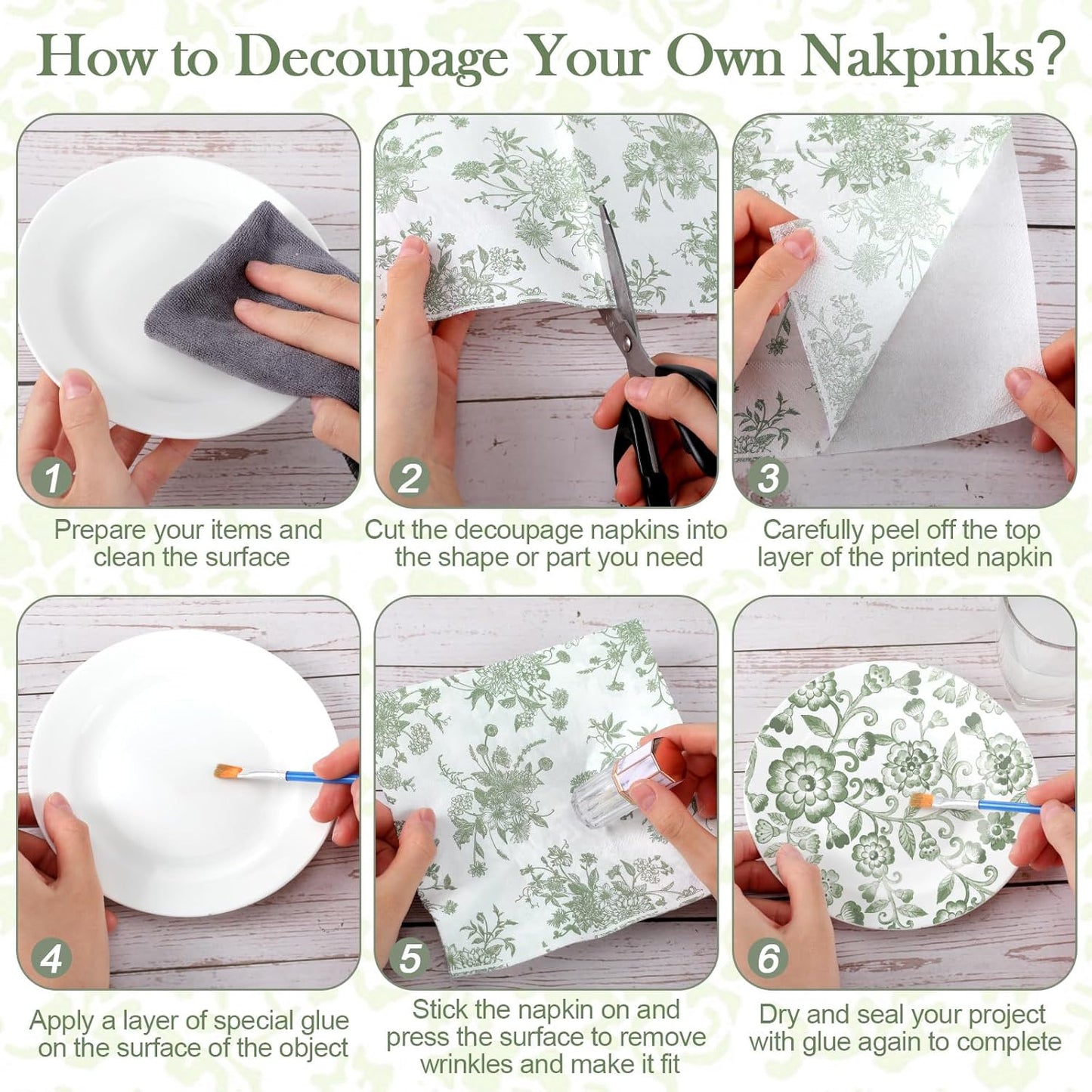 Epakh 36 Pack 6 Style Sage Green Decoupage Paper Napkins Assorted Floral Decorative Decoupage Napkin Chinoiserie Cocktail Paper for DIY Crafting Fall Christmas Wedding Party Decor, Each Unfolded 13''