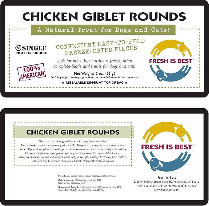 Fresh Is Best Freeze Dried Dog Treats - Freeze Dried Chicken Giblets - Fresh Cat & Dog Training Treats in Resealable Zipper Bag - Raw Chicken Hearts, Livers, and Gizzards Treat - Made in The USA