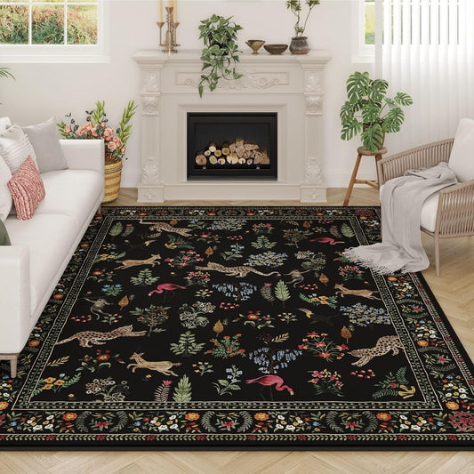 Rugcomf Living Room Rug 6x9 Rug Machine Washable Boho Area Rug Non Slip Floral Animal Vintage Low Pile Large Rug for Living Room, Bedroom, Farmhouse, Dining Room, Kids Playroom (Black)