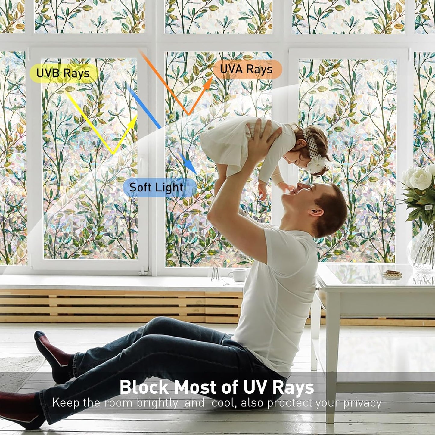 Donox Window Privacy Film, 3D Decorative Window Vinyl Decorative Stained Glass Window Film, Anti-UV Sun Blocker Heat Control for Home, 17.5 Inch x 13.1 Feet (with Installation Tool)