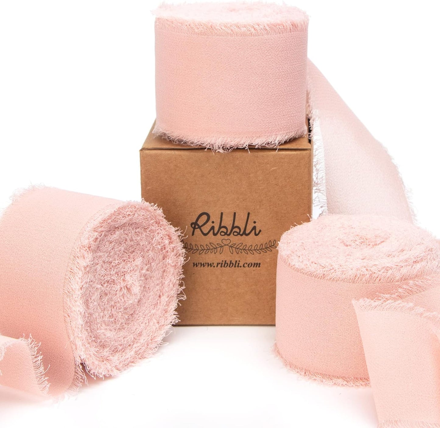 Ribbli Blush Pink Chiffon Ribbon - 1-1/2 inch x 30 Yard Handmade Fringe, Perfect for Wedding Invitations, Bridal Bouquets & Flower Arrangements