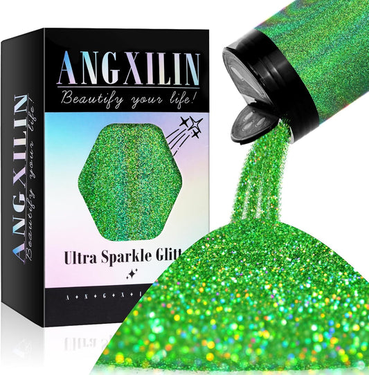 Holographic Fine Glitter for Epoxy Resin DIY Craft,ANGXILIN High Capacity 260g Shaker Bottle Fine Glitter for Nail Art Face Body Make Up,Tumblers Earrings Jewelry Making Fine Glitter (Laser Green)