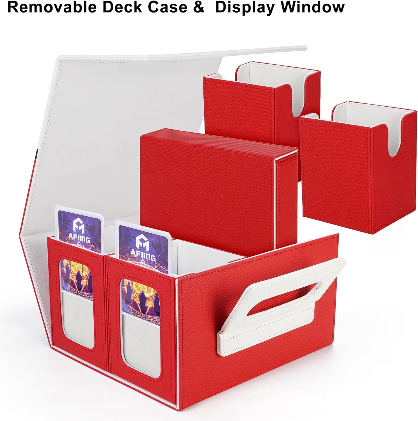 AFIING Commander Deck Box for MTG/EDH, Fits 400+ Double-Sleeved Cards, with Display Window, 4 Removable Deck Cases, Dividers, Dice Tray & Handle, Card Holders for TCG (White Red)