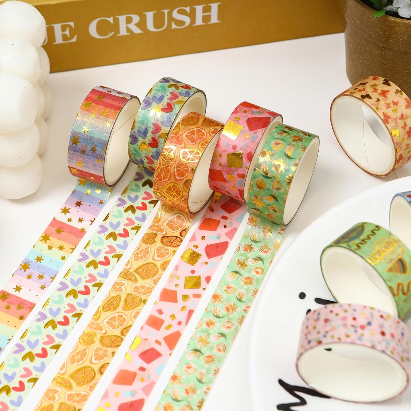12 Rolls Charming Washi Tape Set Gold Silver Foil Detailing Arts Adhesive Tapes Basic Patterns Decorative Masking Tape Sets for Craft, Kids, Scrapbook, DIY, Gift Wrapping (Whimsical Pastels)