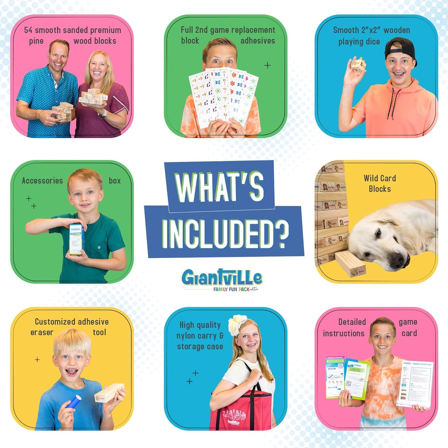 Giantville Giant Tumbling Timber Toy - Premium Pine Wood Life-Size Blocks Tower - Big Floor/Board Indoor/Outdoor Yard Game for Kids & Adults - 54-Blocks + Red Storage/Carry Bag - Grows Almost 4-Feet