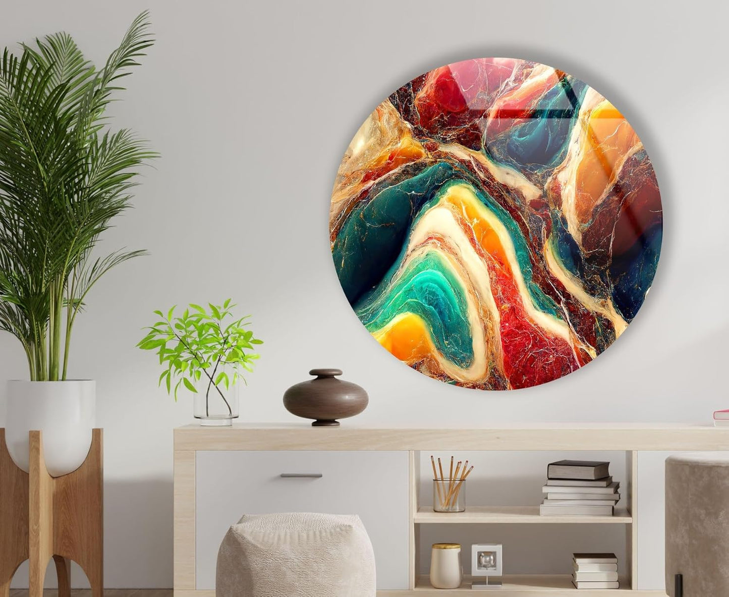 My Photostation.com 10''(25cm) Diameter Colorful Marble Swirl Round Wall Art Abstract Glass Decor with Earthy Tones & Gemstone Texture